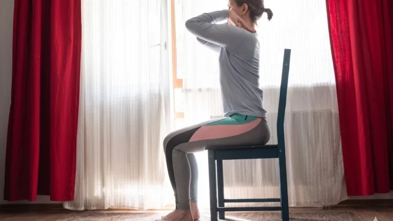 Frau, die Yoga auf einem Stuhl macht