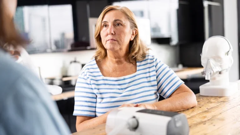 Patientin, die zu der Beatmungstherapie geschult wird