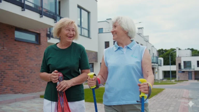 Zwei ältere Frauen beim Walken