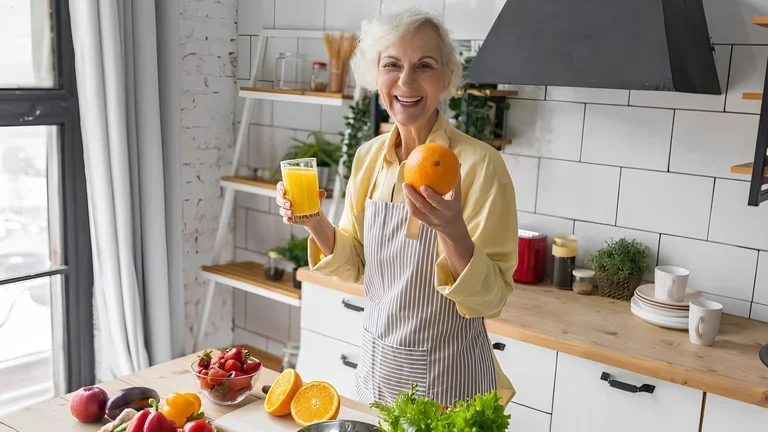Seniorin in der Küche hält Orangensaft
