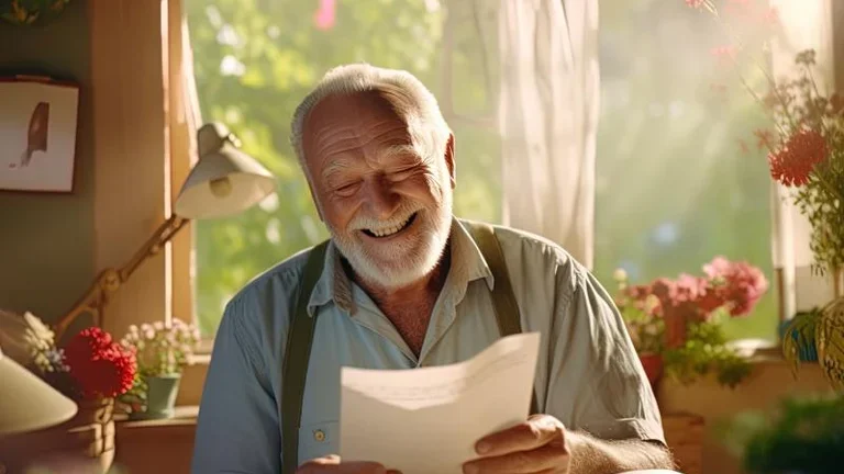 Lachender Senior hält Brief in der Hand