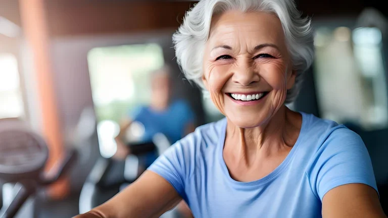 Lächelnde Seniorin beim Sport trotz COPD