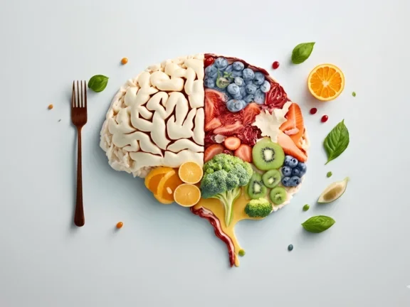 Gehirn, das symbolisch zur Hälfte aus Obst und Gemüse besteht