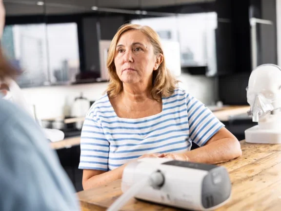 Patientin, die zu der Beatmungstherapie geschult wird