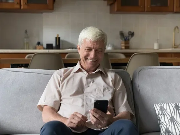 Lächelnder Senior aktiv am Handy