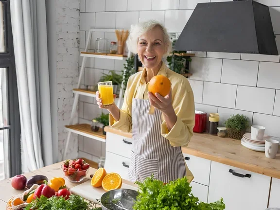 Seniorin in der Küche hält Orangensaft
