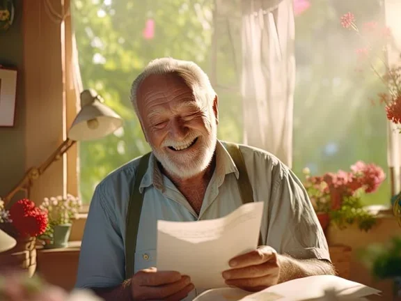 Lachender Senior hält Brief in der Hand