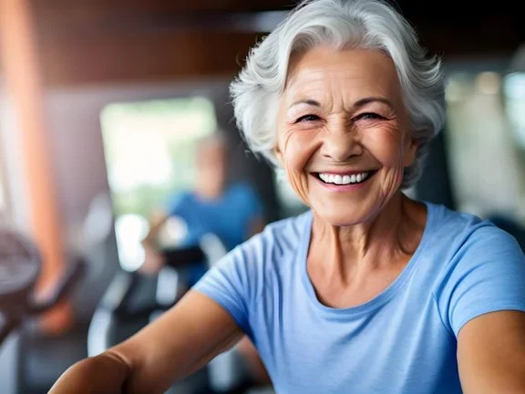 Lächelnde Seniorin beim Sport trotz COPD